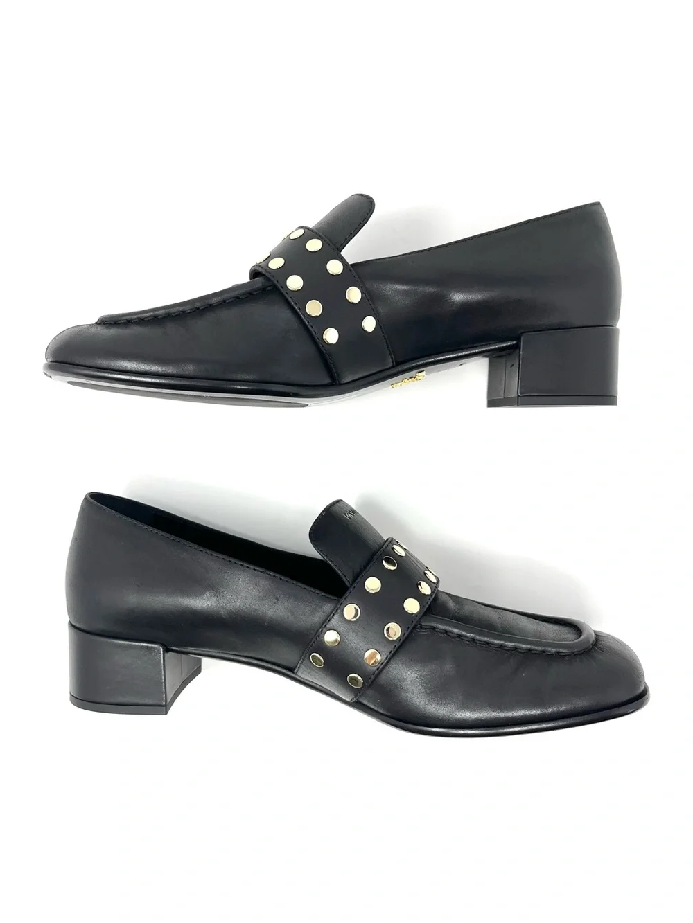 Prada Logo Black Leather Gold Studded Buckle Loafers Heels Shoes Chunky 39.5 9.5